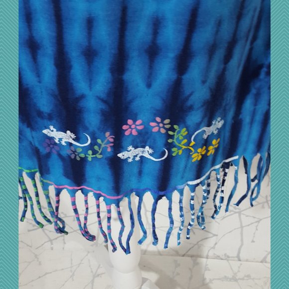 Neon Beachwear Blue Tie Dye Salamanders Printed Fringed Shift Dress - Picture 2 of 5
